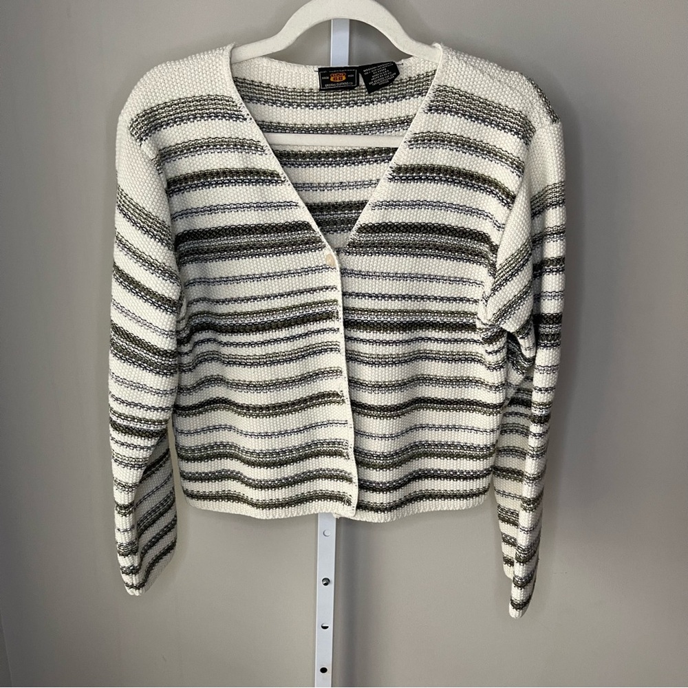 Route 66 Striped Knit Cardigan Sweater Size Medium Cream Gray Boho Cottagecore